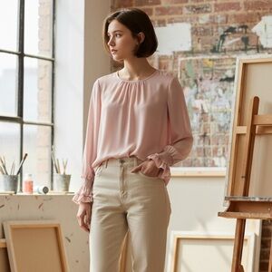 Tahari Blush Pink Long-Sleeve Ruffle Cuff Blouse